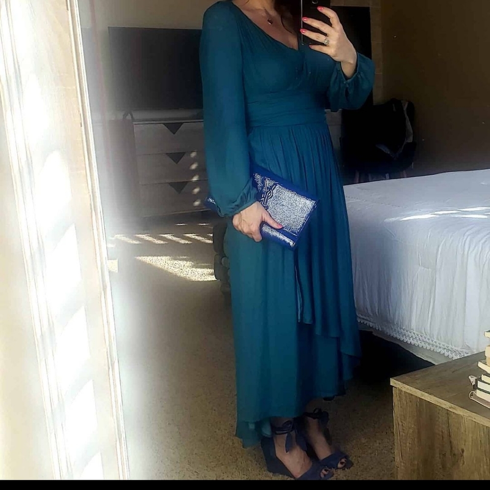 Anthropologie faux wrap maxi dress with cutout detail and lantern sleeves